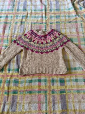 Design History Cream Turtleneck Sweater with Pink and Green Fair Isle Yoke